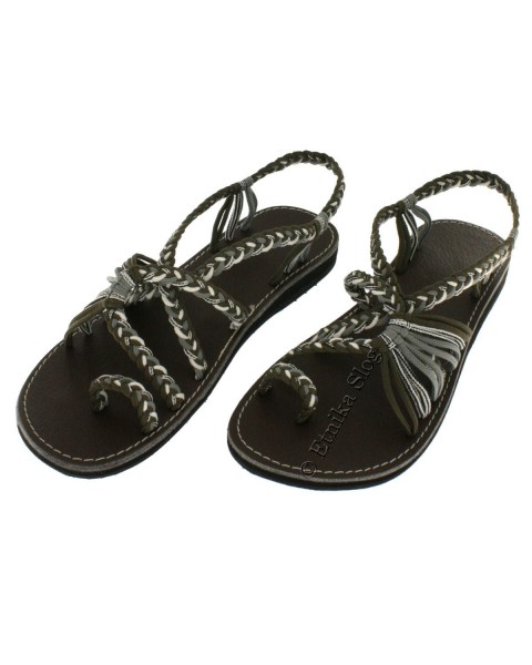 SANDALI SIMILPELLE, CORDONCINI COLORE NOCCIOLA/GRI
