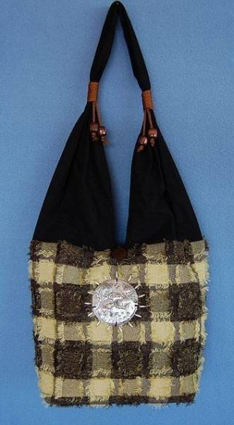 BORSA DA SPALLA IN COTONE CON QUADRI SFILACCIATI E