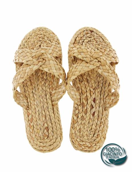 SANDALI PAGLIA IN GIACINTO D'ACQUA CON SUOLA IN GO