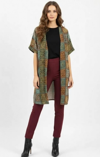 KAFTANO LUNGO IN COTONE GREZZO ORGANICO , STAMPATO