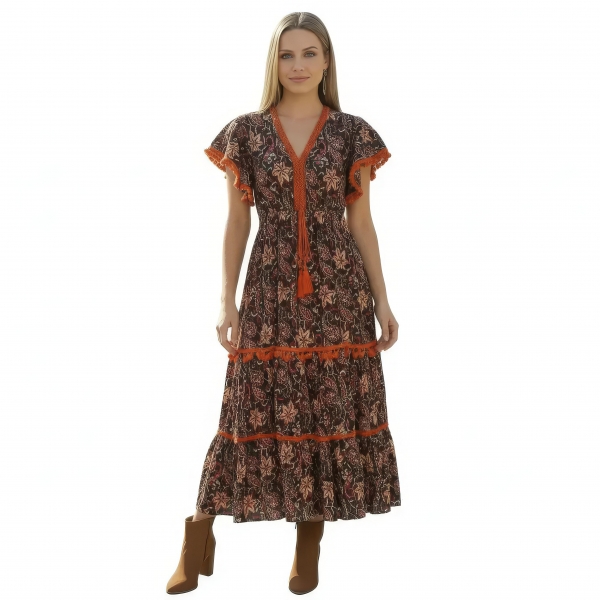 VESTITO LUNGO IN&nbsp;VISCOSA&nbsp;STAMPATA , CON FILO LUREX