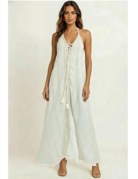 VESTITO LUNGO IN COTONE BIANCO,&nbsp;CON SPALLINA A LAC