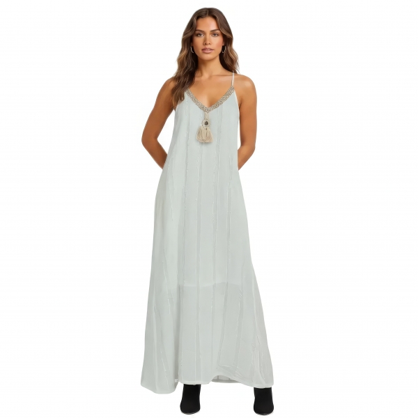 VESTITO LUNGO IN DOPPIO COTONE BIANCO, COLLO A V,