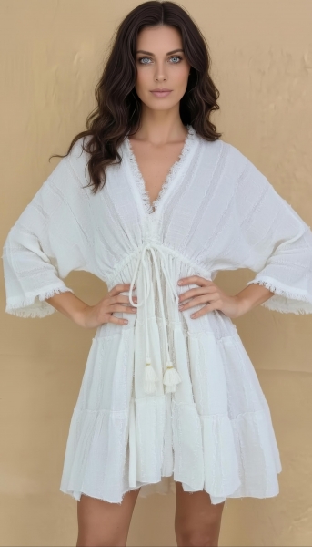 VESTITO CORTO IN COTONE BIANCO, MANICA A TRE QUART