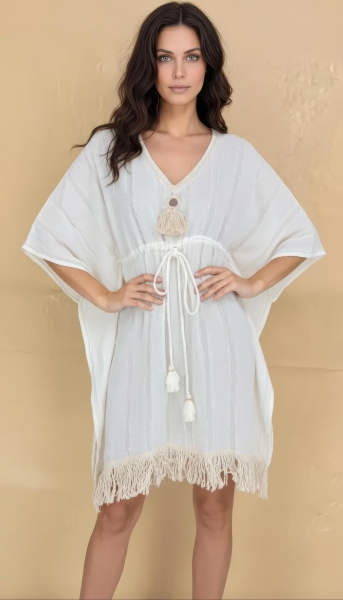 VESTITO CORTO IN COTONE BIANCO, COLLO A V DAVANTI