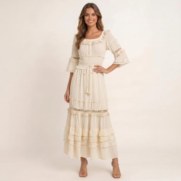 VESTITO LUNGO IN COTONE BEIGE,&nbsp;CON MANICA CO