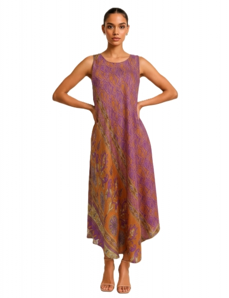 VESTITO LUNGO 3/4 IN MISTOSETA INDIANA, CON GONNA