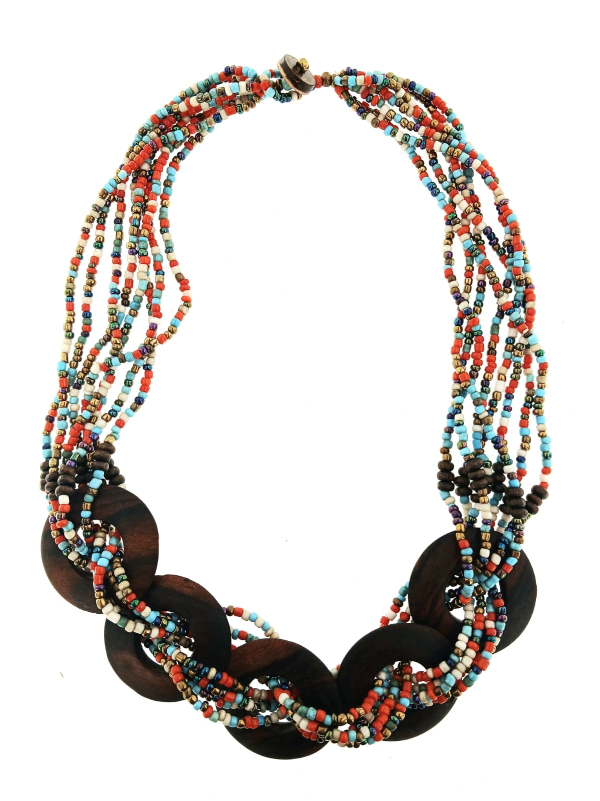 COLLANA MULTIFILE IN PERLINE E LEGNO, CHIUSURA CON COLLANA MULTIFILE IN PERLINE E LEGNO, CHIUSURA CON