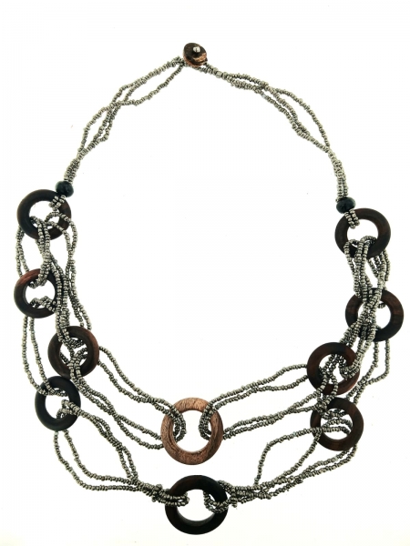 COLLANA MULTIFILE IN PERLINE E LEGNO, CHIUSURA CON