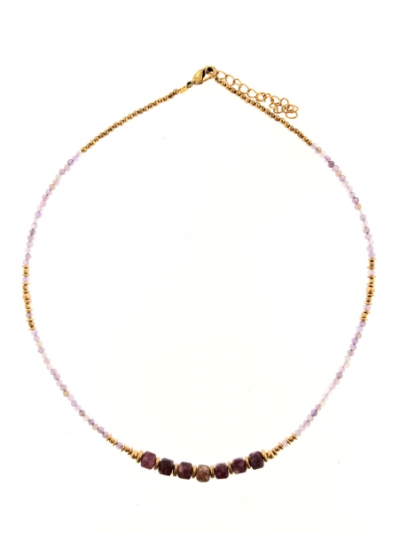 COLLANA IN PIETRE DURE E OTTONE, CHIUSURA A MOSCHE