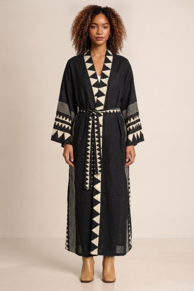 KIMONO LUNGO IN VISCOSA CON CINTURA, COLORE NERO C
