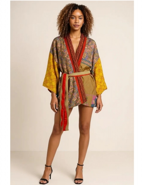 KIMONO&nbsp;CORTO&nbsp;IN MISTOSETA INDIANA, PATCHWORK CON C