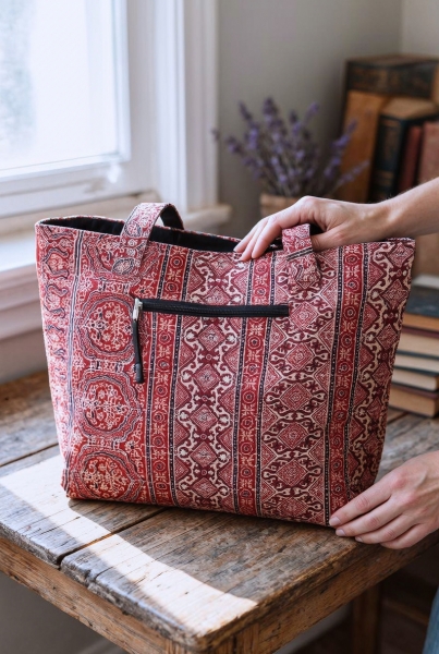 BORSA GRANDE DA SPALLA IN COTONE STAMPATO CON RICU
