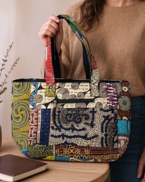 BORSA GRANDE DA SPALLA IN COTONE STAMPATO CON RICU