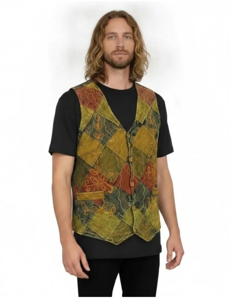 GILET IN COTONE PATCHWORK RICAMATO CON EFFETTO STO