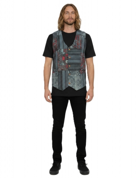 GILET IN COTONE PATCHWORK RICAMATO CON EFFETTO STO