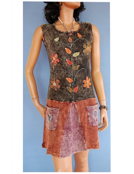 VESTITO IN COTONE SMANICATO A 2 COLORI CON RICAMO.